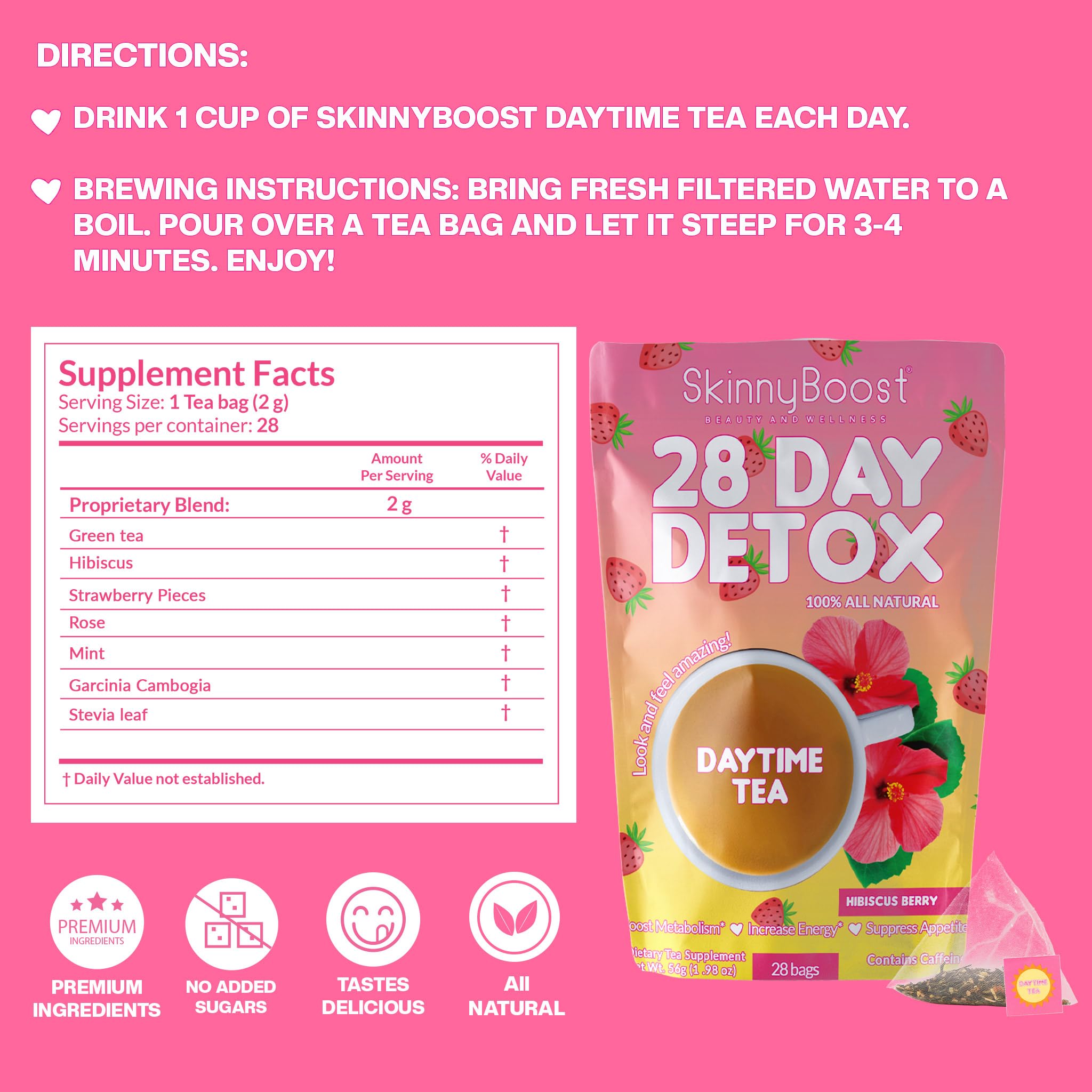 Brewing SkinnyBoost Hibiscus Berry tea releases a fruity aroma and warmth.