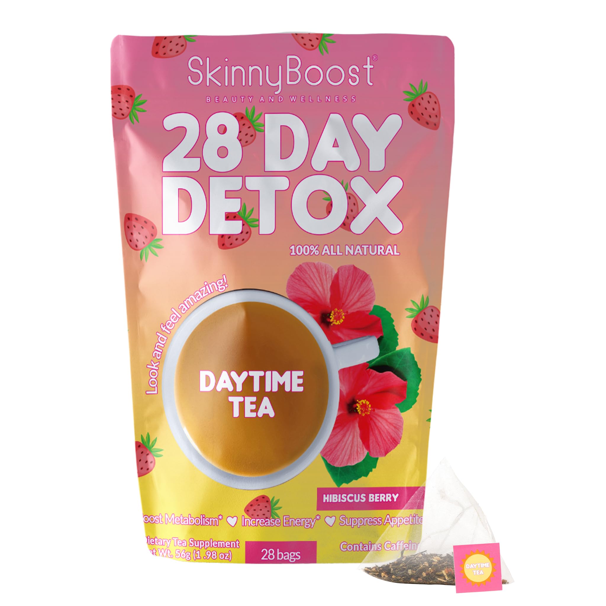 SkinnyBoost Hibiscus Berry tea in a cup for natural refreshment.