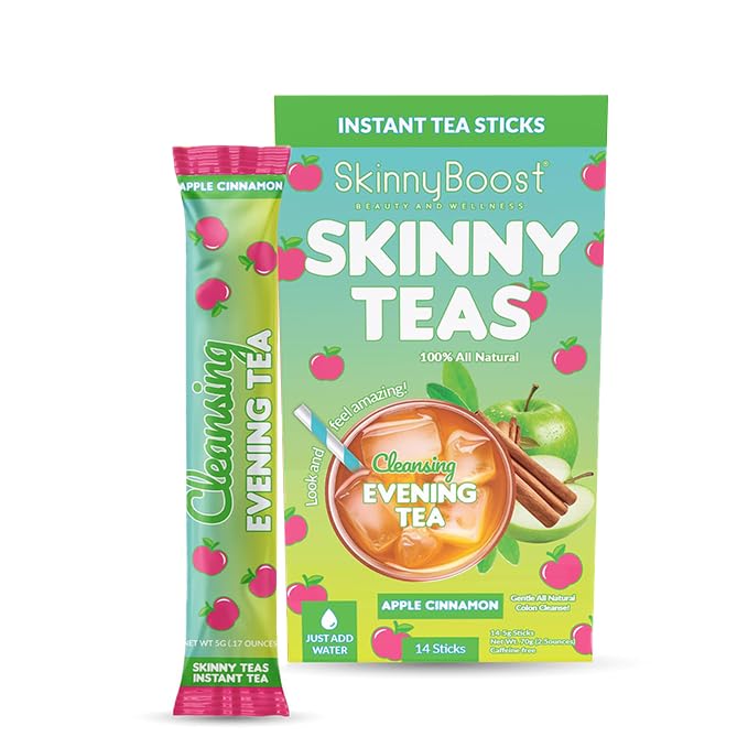 SkinnyBoost Skinny Teas Instant Tea Sticks packaging highlights a natural detox blend.