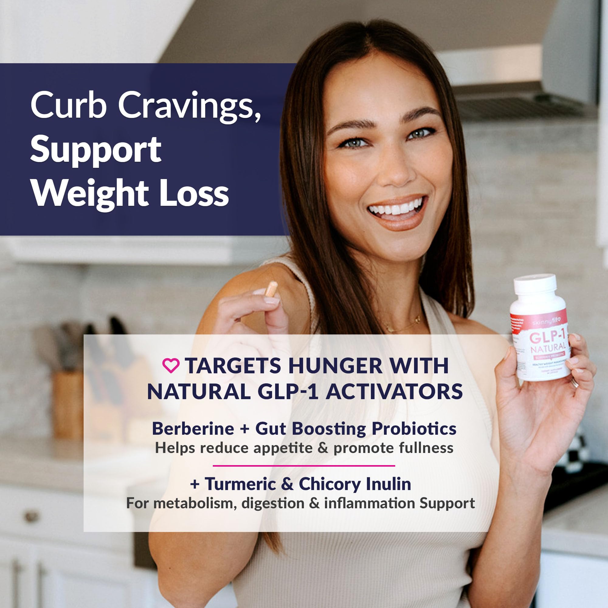 SkinnyFit GLP-1 natural probiotic capsules highlight gut health benefits.