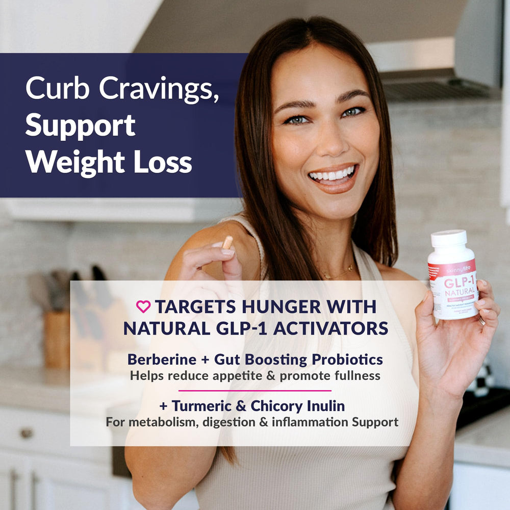 SkinnyFit GLP-1 natural probiotic capsules highlight gut health benefits.