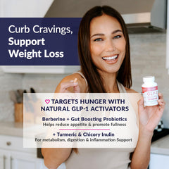 SkinnyFit GLP-1 natural probiotic capsules highlight gut health benefits.