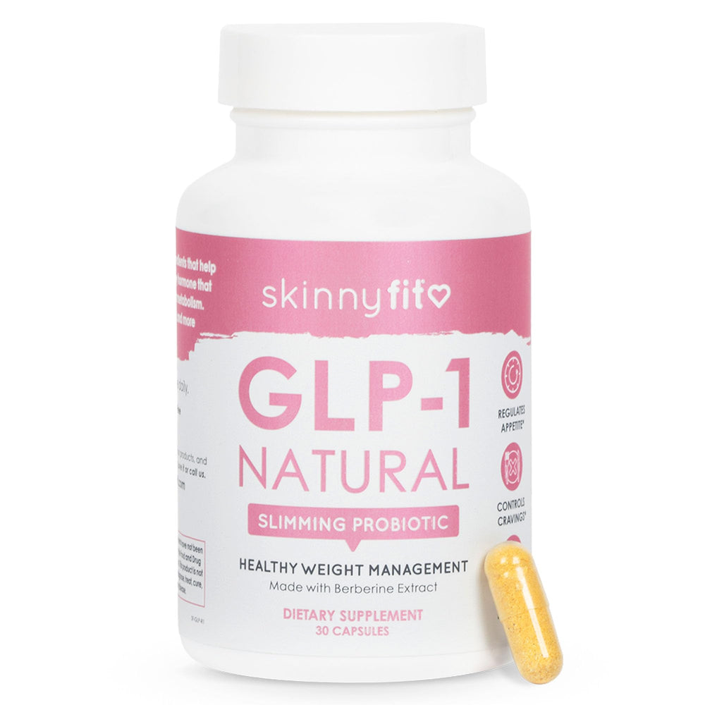 SkinnyFit GLP-1 Natural supplement bottle supports daily appetite control.