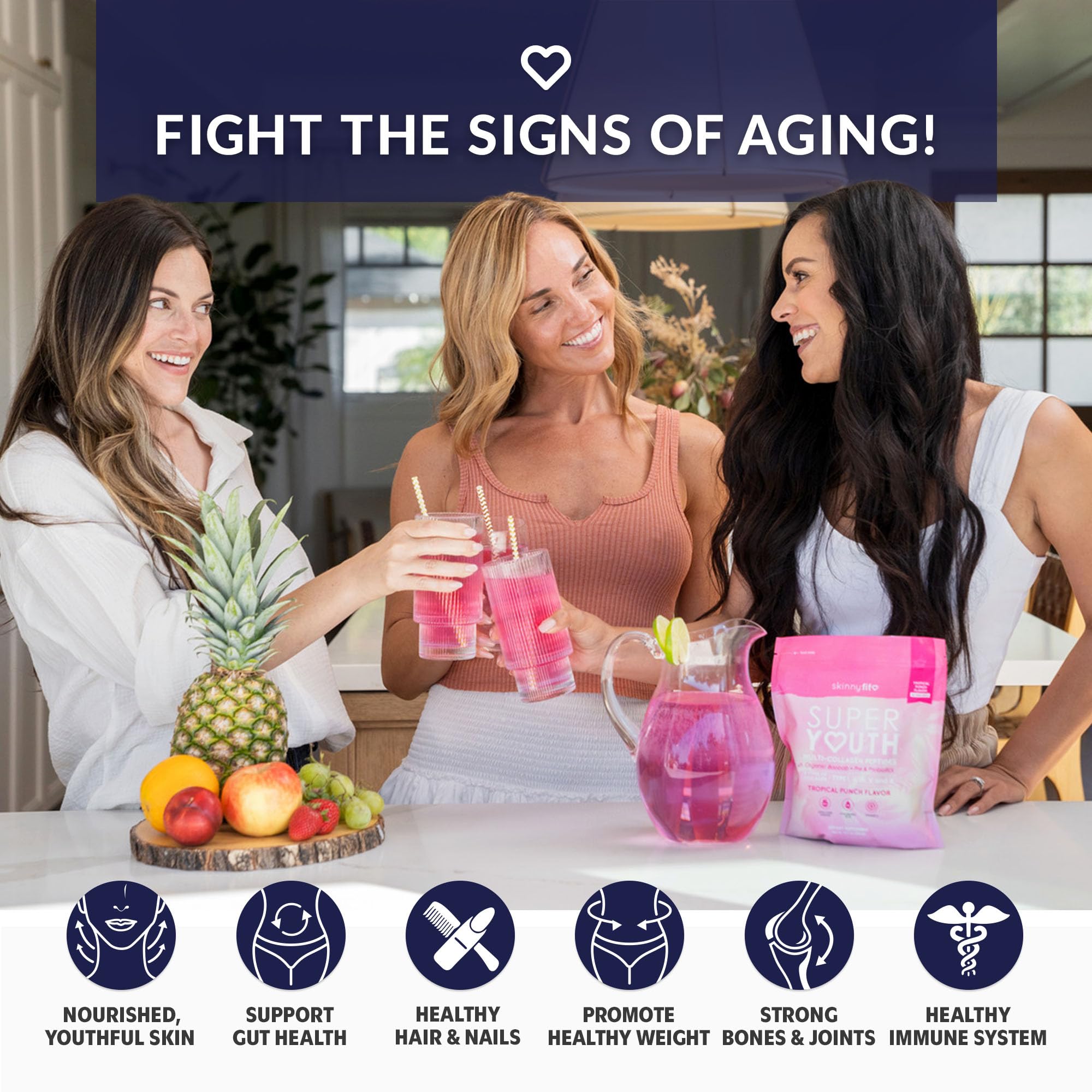 SkinnyFit Super Youth collagen being poured into a glass of tropical punch.