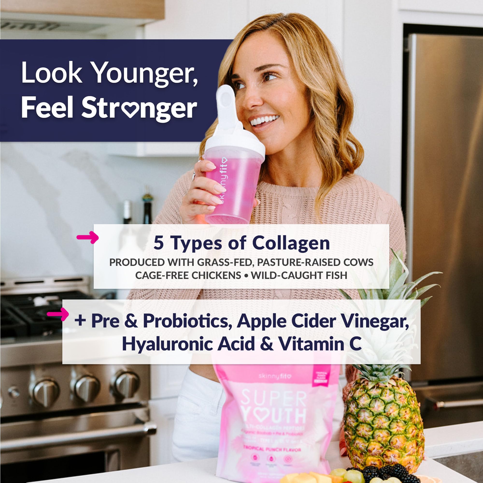 SkinnyFit Super Youth collagen powder scoop showing convenient daily serving.