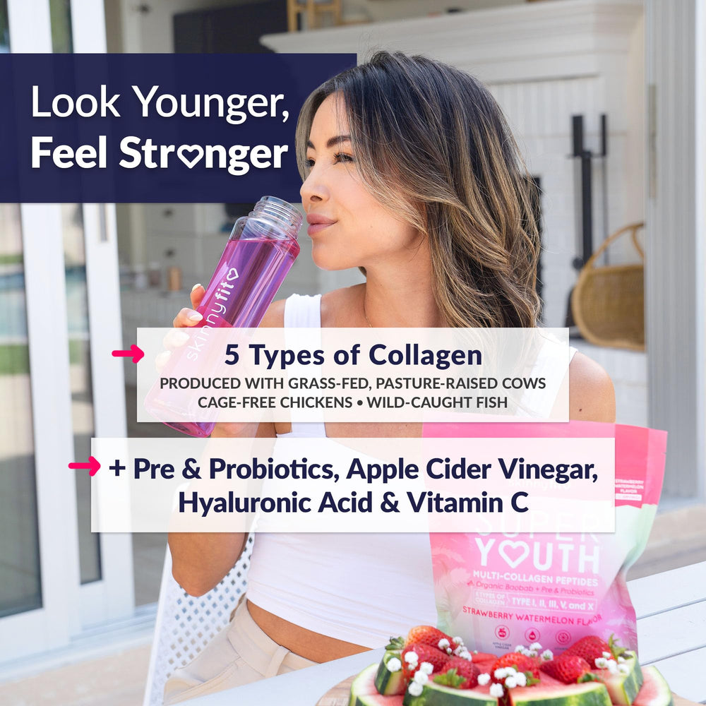 SkinnyFit Super Youth scoop on a shaker suggesting easy daily mixing for beauty and fitness