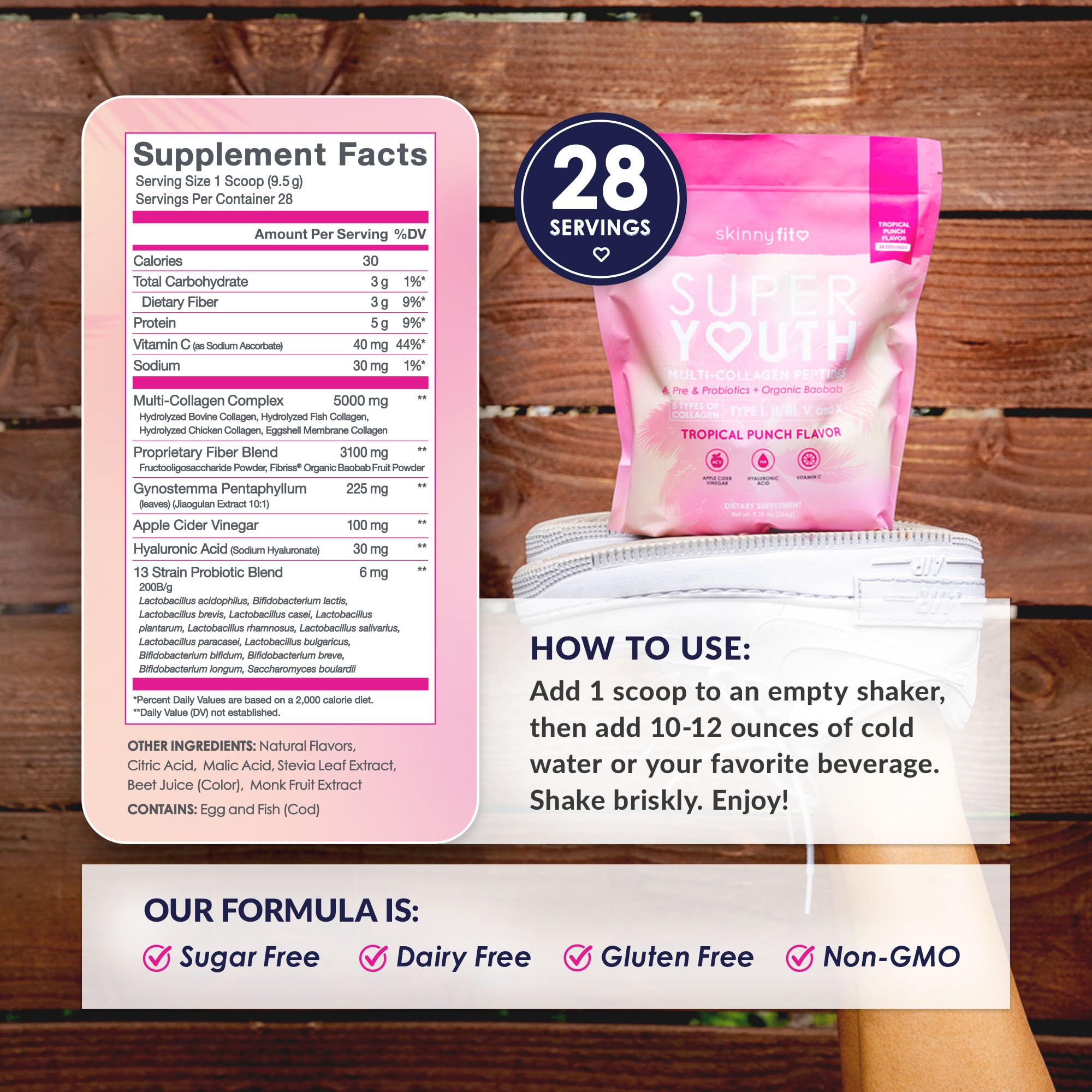 SkinnyFit Super Youth glass with tropical punch highlighting hydration-friendly benefits.