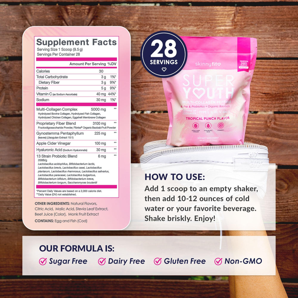 SkinnyFit Super Youth glass with tropical punch highlighting hydration-friendly benefits.