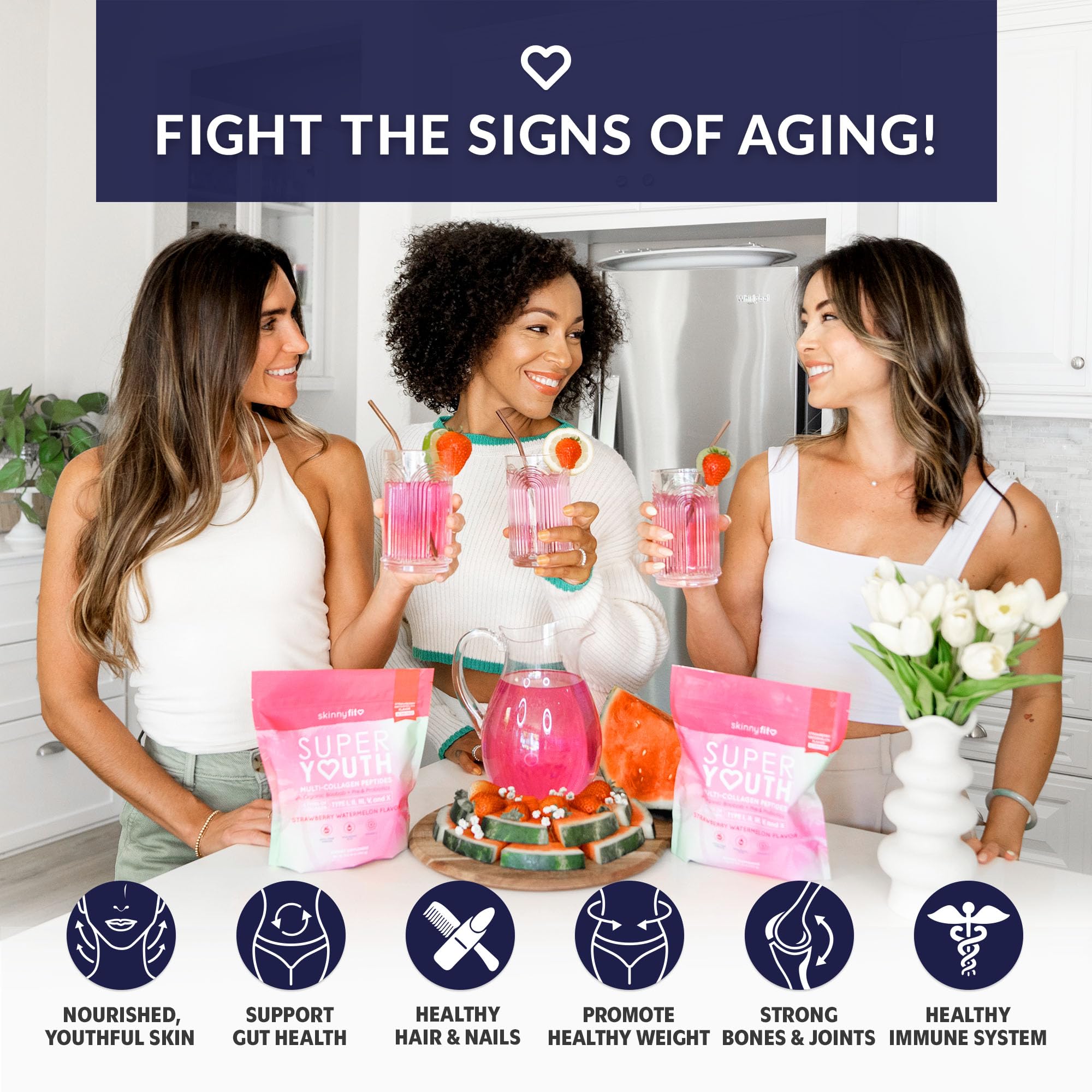 SkinnyFit Super Youth label with strawberry watermelon flavor highlighting clean, sugar-free ingredients
