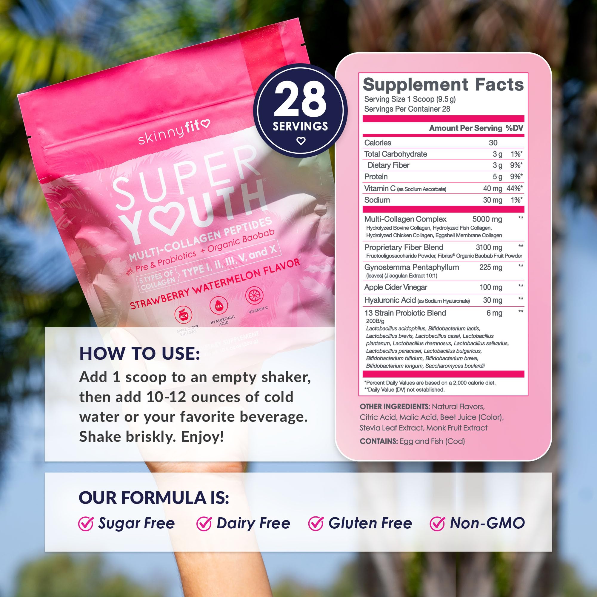 SkinnyFit Super Youth shaker with powder being mixed into water for a refreshing drink