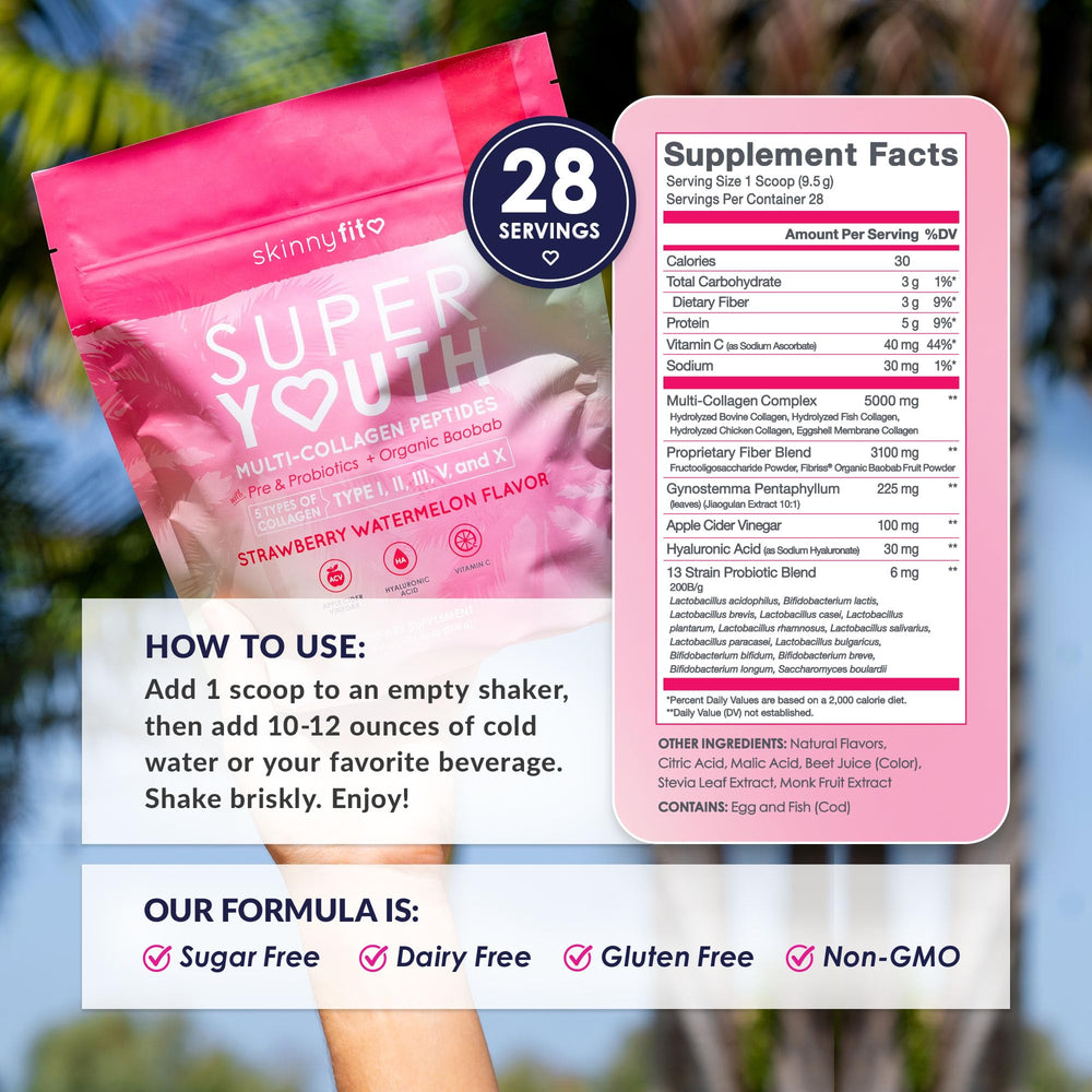 SkinnyFit Super Youth shaker with powder being mixed into water for a refreshing drink
