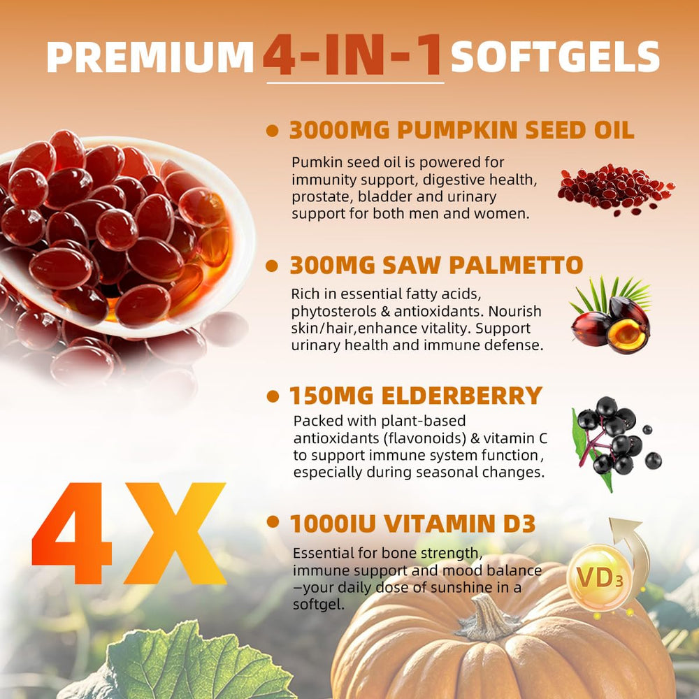 Skiseoy 4-in-1 pumpkin seed oil capsules label highlights the blend for daily balance