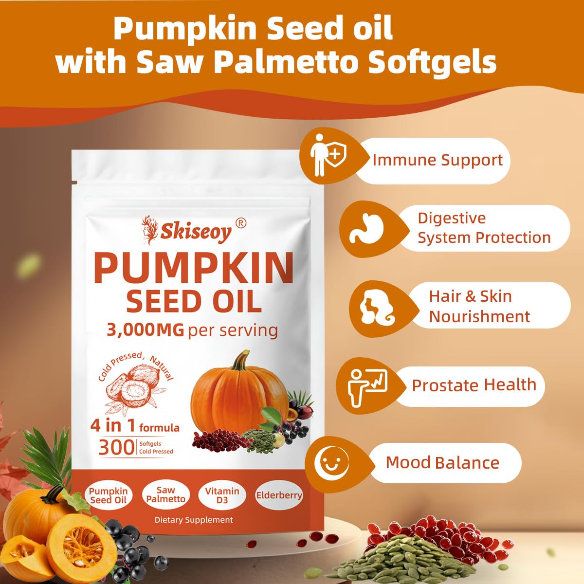 Skiseoy cold-pressed pumpkin seed oil extraction bottle emphasizing potency and purity