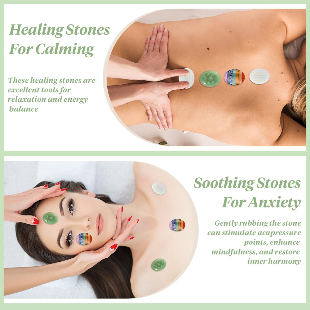 Sklenice rainbow-striped-opalite stone calms the mind for focused breathing practice.