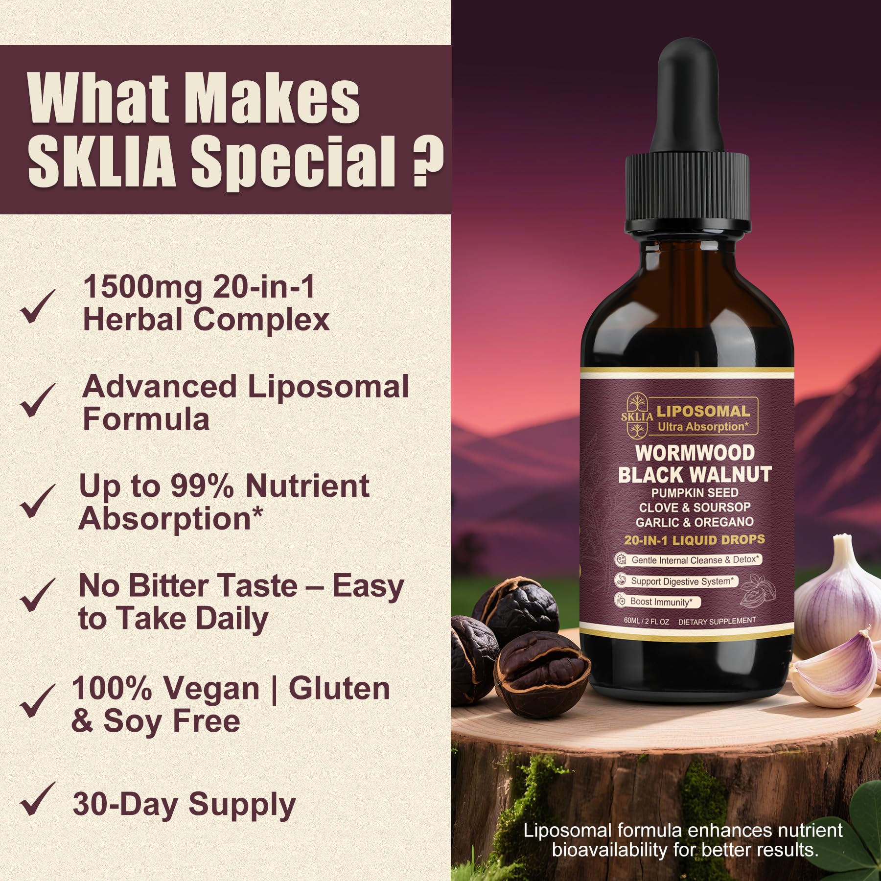 SKLIA liposomal slippery elm soothes the gut lining.