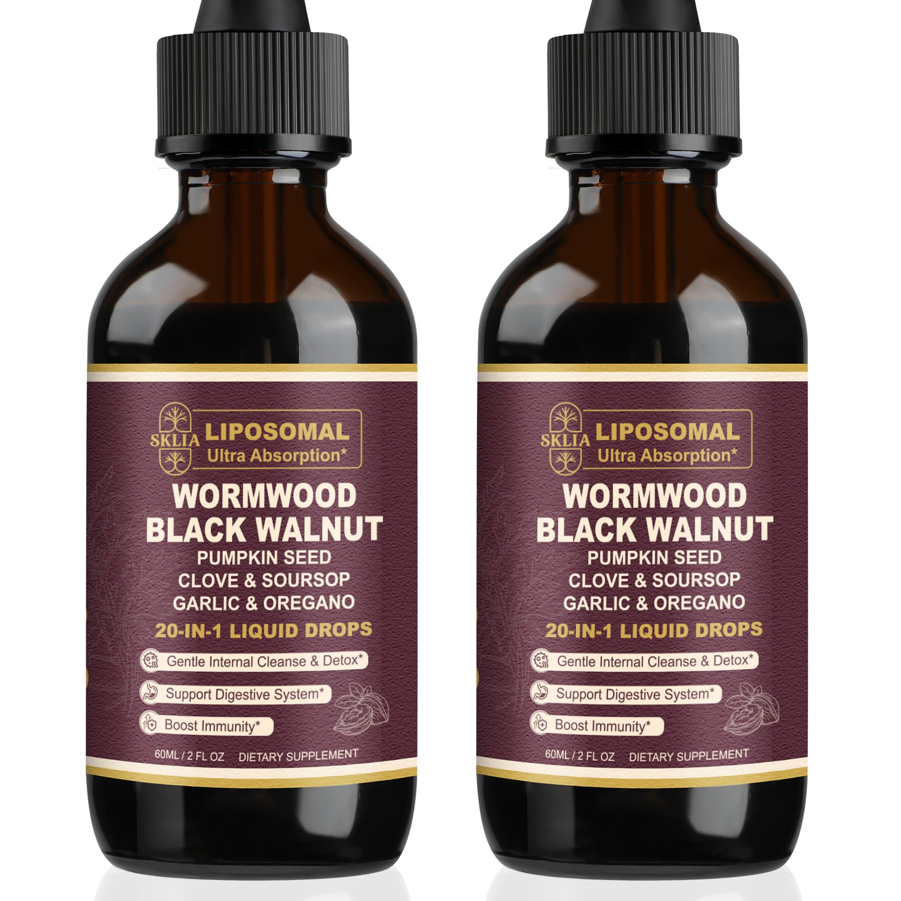 SKLIA 20-in-1 liposomal wormwood bottle pour for easy dosing and fast absorption.