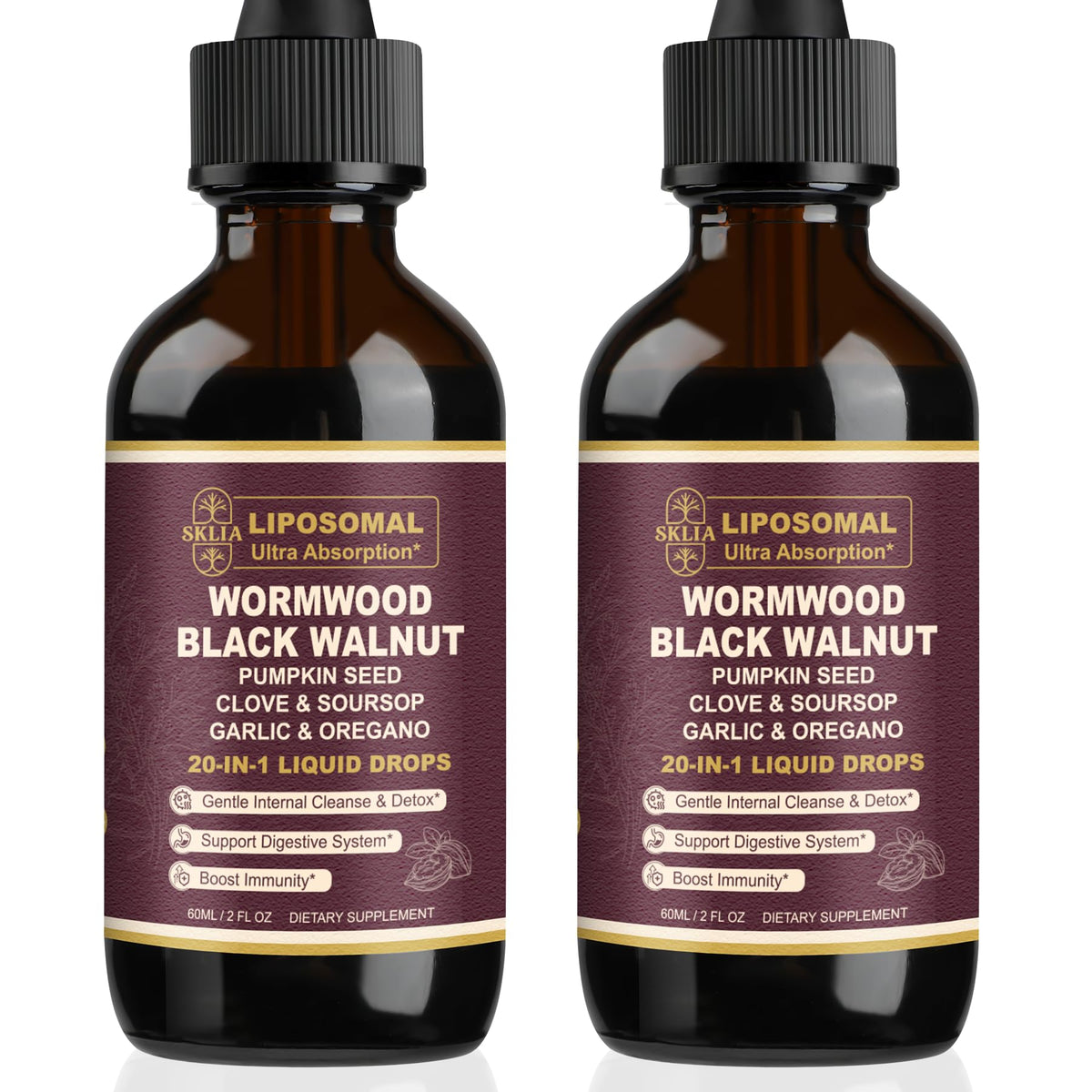 SKLIA 20-in-1 liposomal wormwood bottle pour for easy dosing and fast absorption.