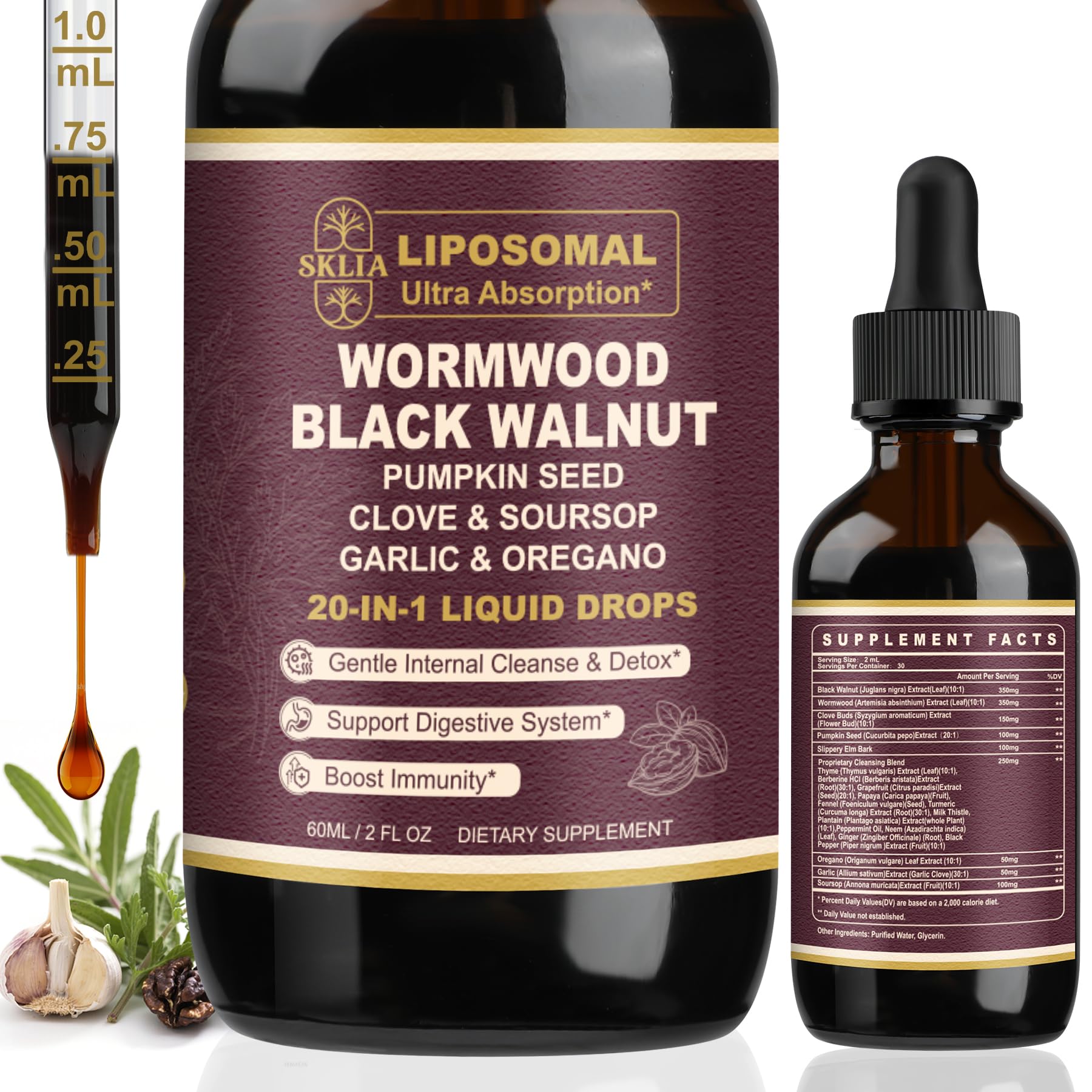 SKLIA 20-in-1 liposomal wormwood cleanse drops bottle shown for rapid gut support