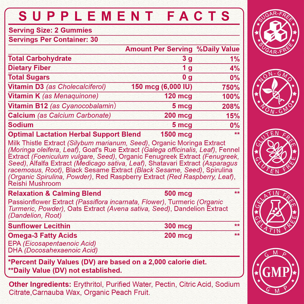 SKLIA peach-flavored lactation gummies close-up for daily support.