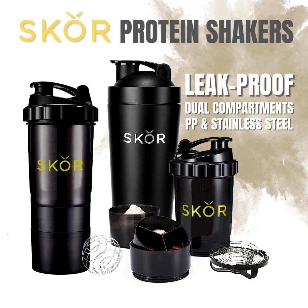 SKOR 22oz PP shaker with compartments and spider whisk for organized powders
