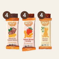 Skout three-flavor variety display highlighting vegan, organic ingredients