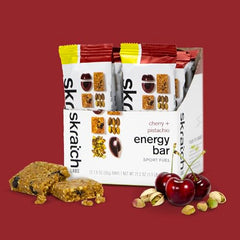 Skratch Labs energy bar cherry pistachio wrapper open showing texture for energy