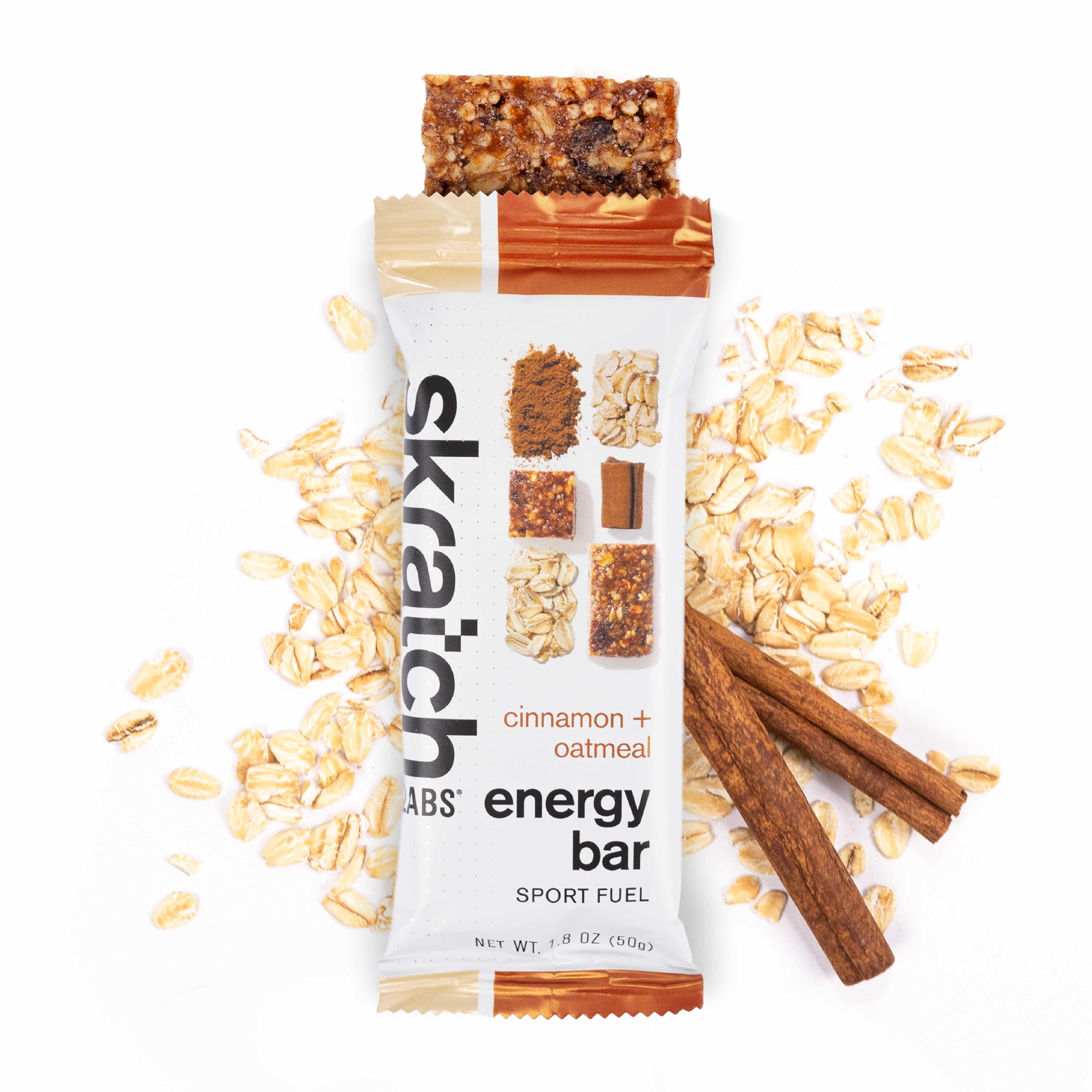 Skratch Labs Energy Bar Cinnamon Oatmeal on trail scene suggests sustained energy during outdoor activities.