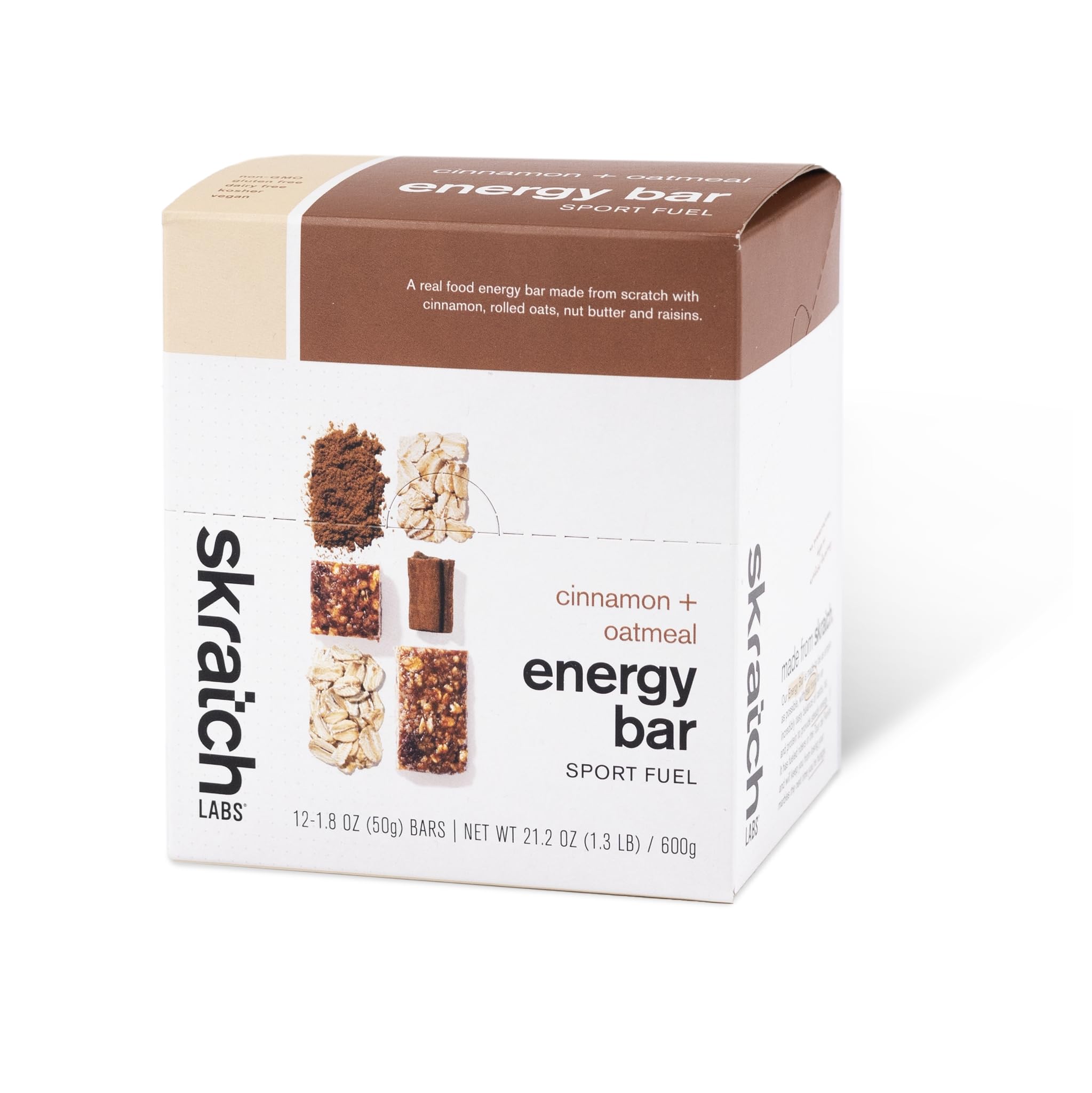Skratch Labs Energy Bar Cinnamon Oatmeal packaging showcases clean plant-based fueling for workouts.