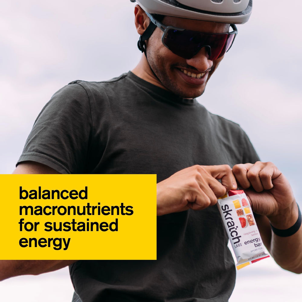 Skratch Labs Energy Bar Raspberry Lemon with nuts and fruit for balanced nourishment.
