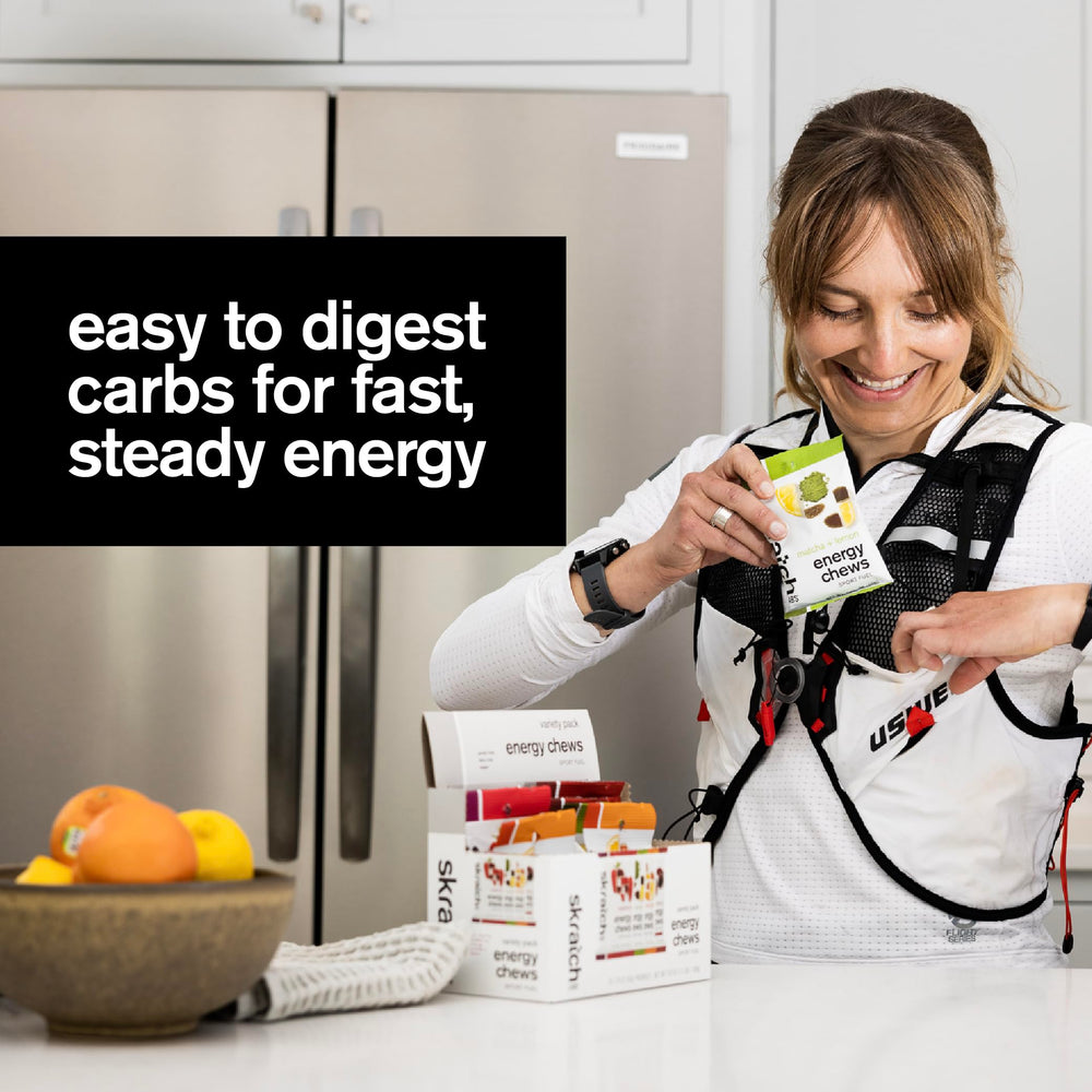 Gluten-free and vegan attributes on Skratch Labs Energy Chews packaging.