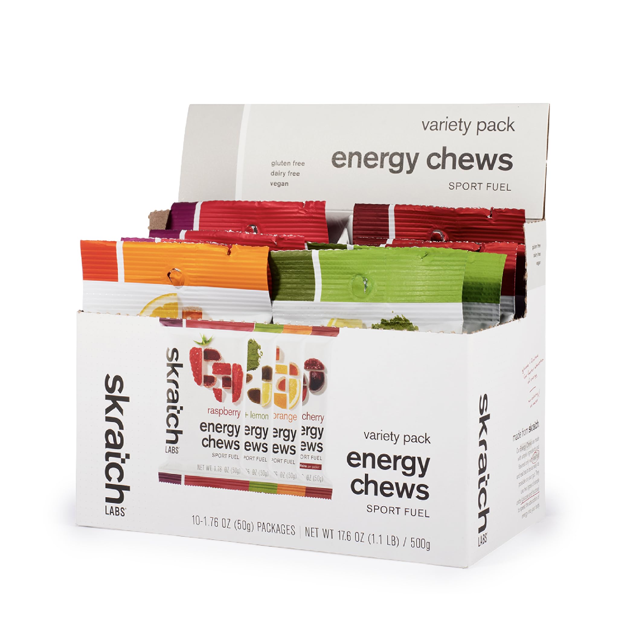 Skratch Labs Energy Chews packaging view highlighting gluten-free, vegan fueling.