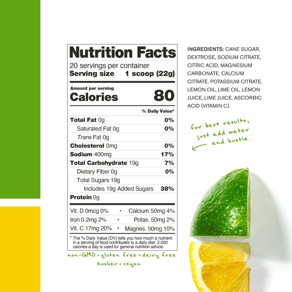 Skratch Labs Exercise Hydration Lemon Lime label highlights real fruit ingredients and flavor.