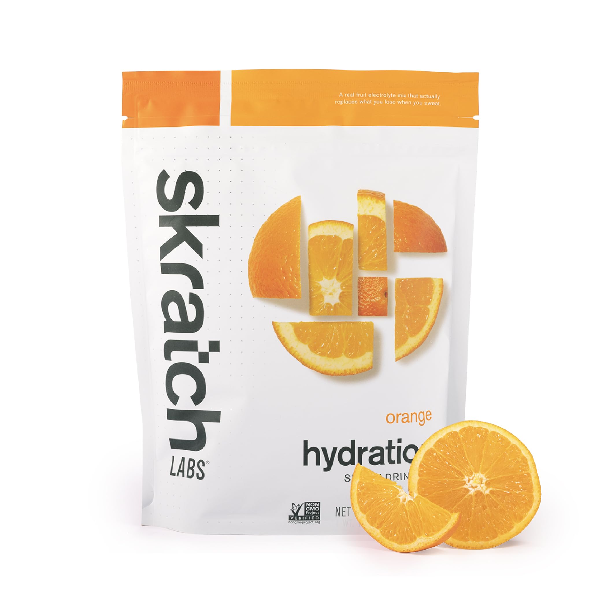 Skratch Labs Hydration Orange powder with scoop for fast rehydration after workouts