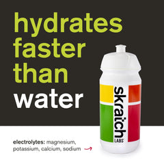 Skratch Labs hydration packet in bottle emphasizes no artificial colors and clean ingredients