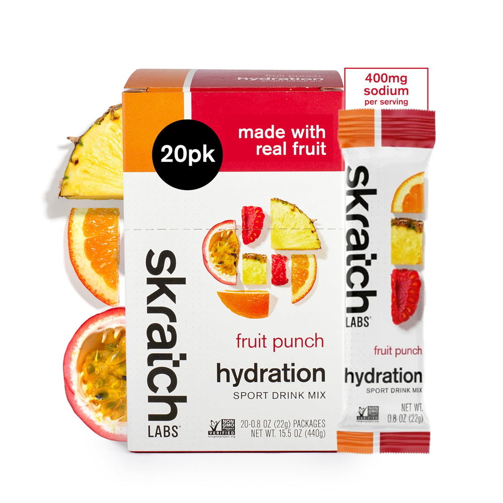 Skratch Labs Hydration Packets Fruit Punch 20ct bottle pour for on-the-go hydration.