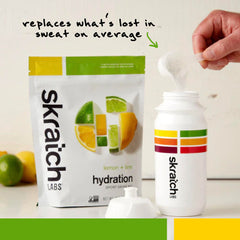 Glass with Skratch Labs hydration powder dissolving in lemon-lime water.
