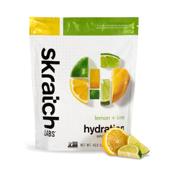 Skratch Labs Hydration Powder Lemon Lime tub showing real fruit flavor.