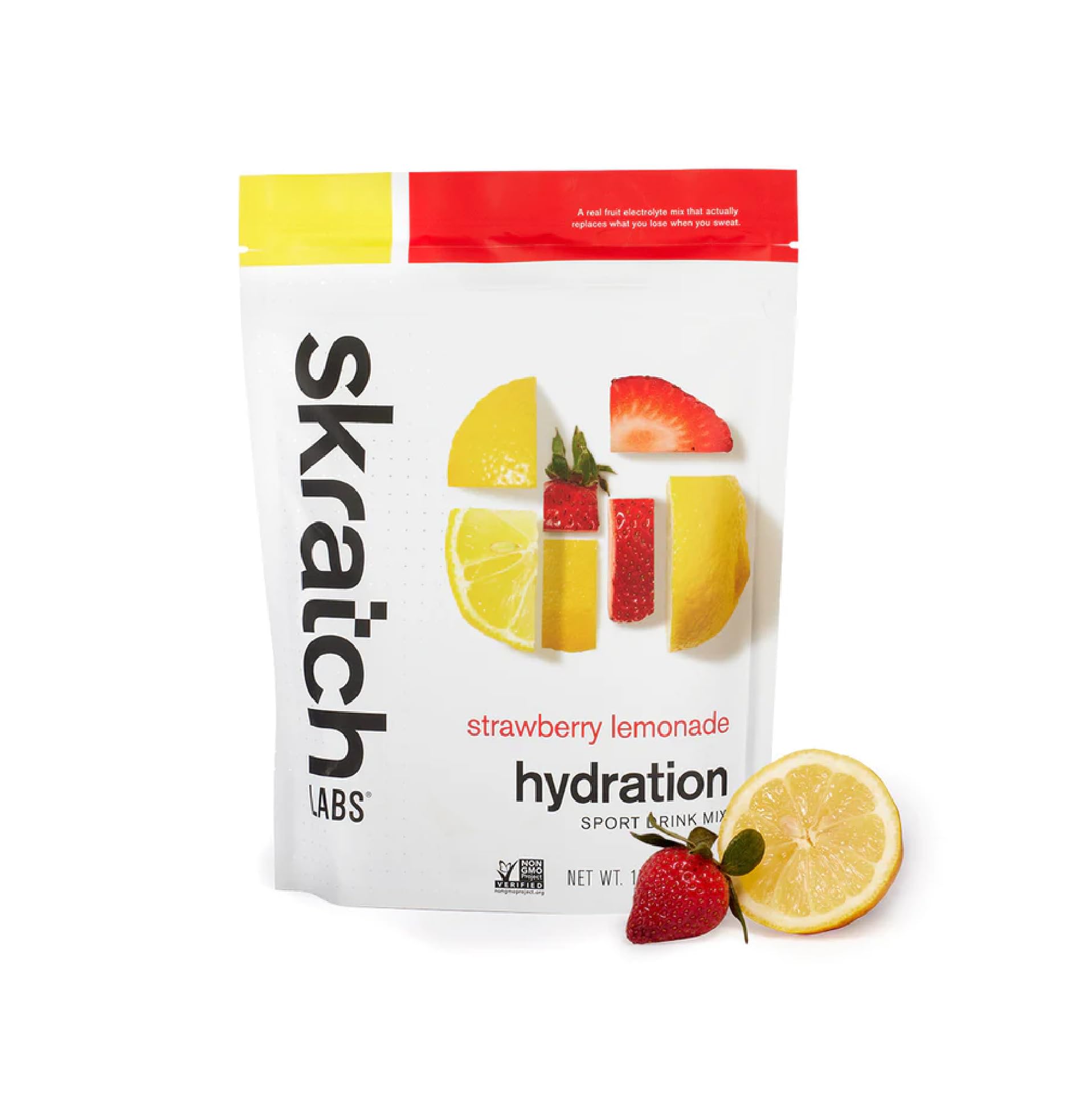 Non-GMO vegan kosher label on Skratch Labs Hydration Powder tub.