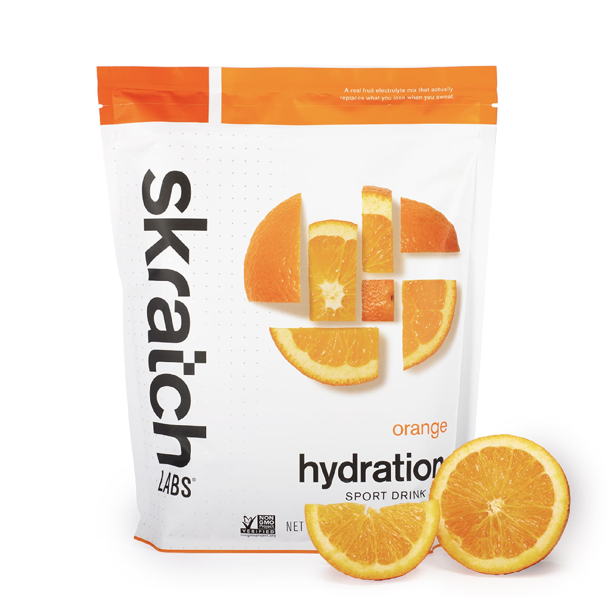 Skratch Labs Hydration Powder Orange packaging shows vegan and non-GMO credentials.