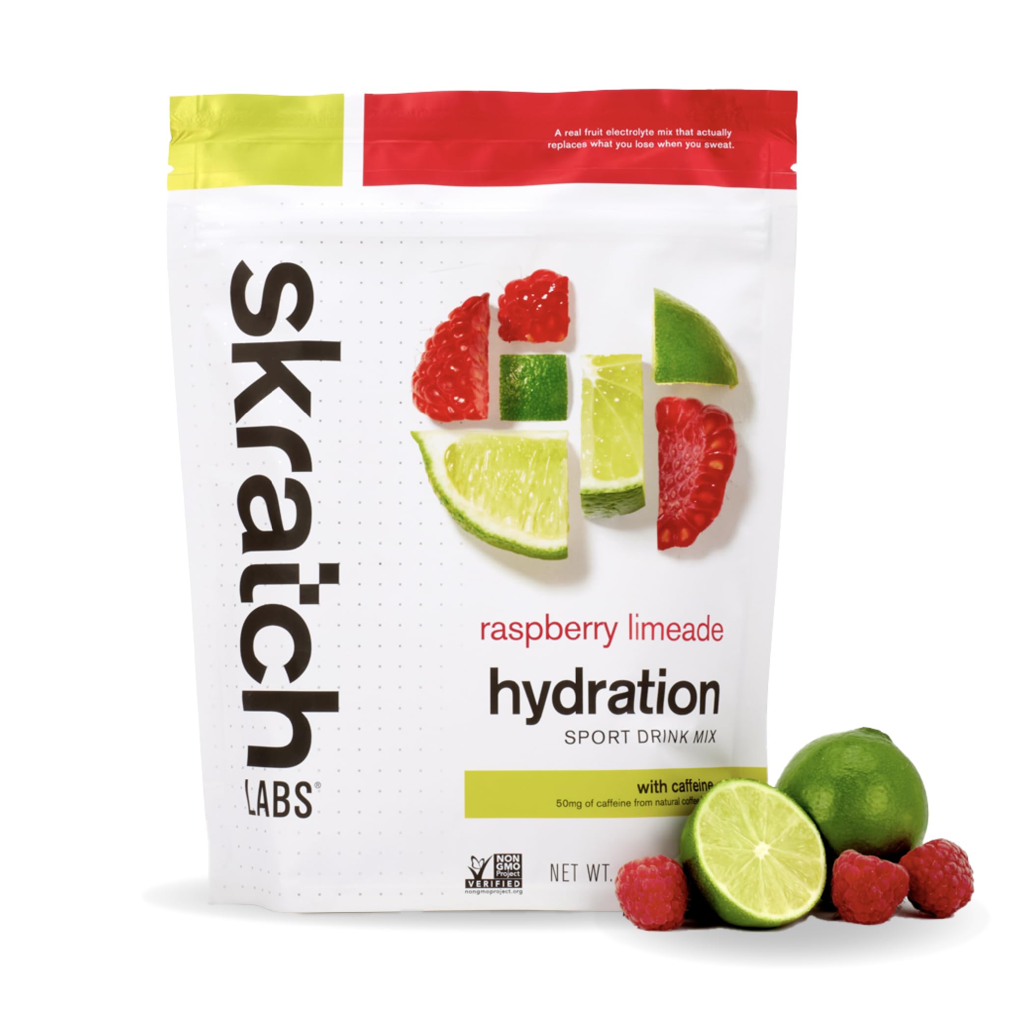 Skratch Labs hydration bottle showing raspberry limeade caffeine flavor for on-the-go hydration