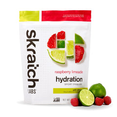 Skratch Labs hydration bottle showing raspberry limeade caffeine flavor for on-the-go hydration