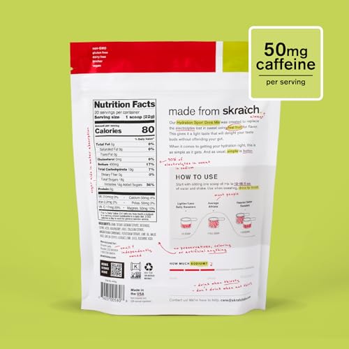 Skratch Labs hydration glass-mixing scene with raspberry limeade caffeine powder
