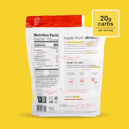 Skratch Labs Hydration Powder Strawberry Lemonade scoop-dispensing shows quick mix for on-the-go fueling.