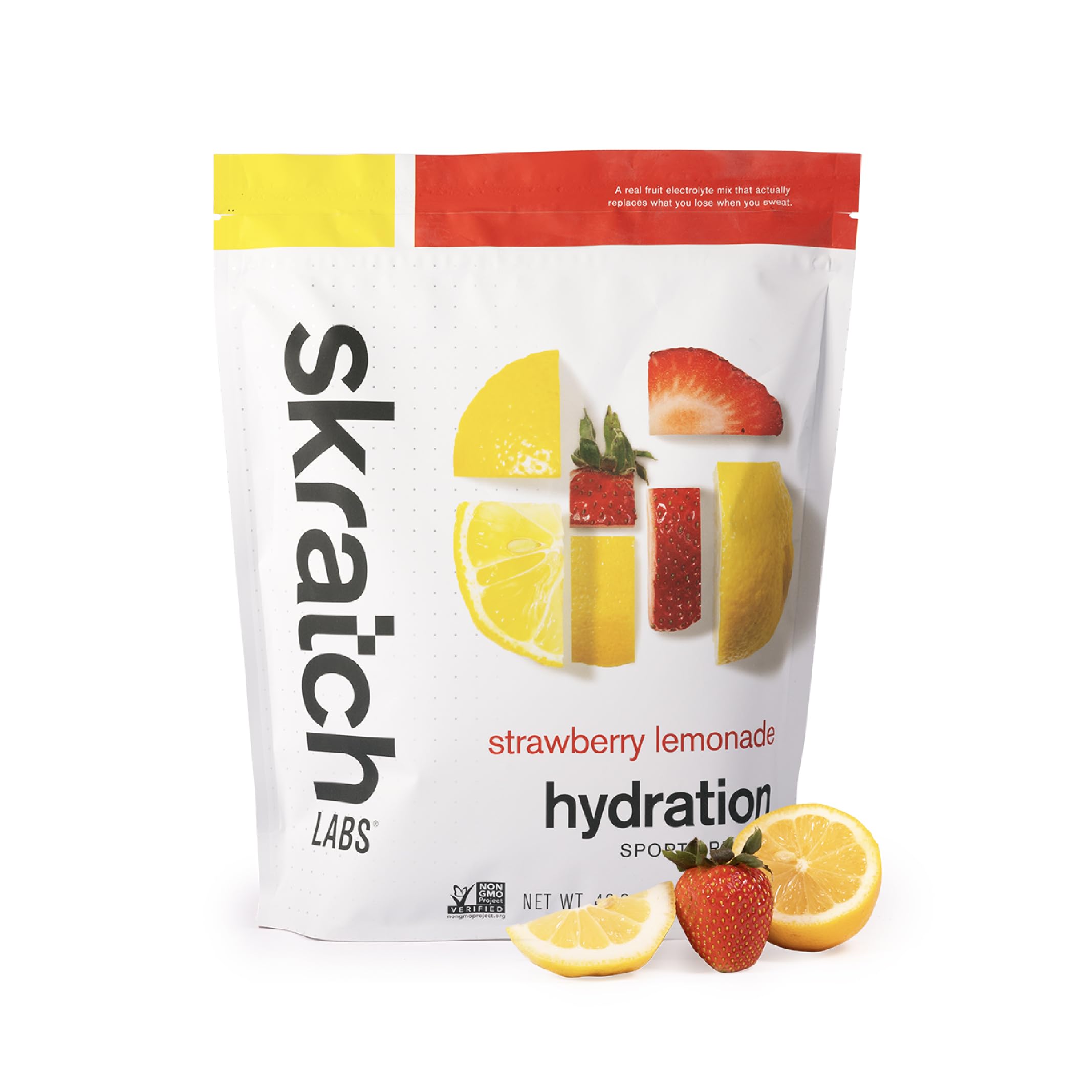 Skratch Labs Hydration Powder Strawberry Lemonade tub close-up for balanced electrolytes during workouts.