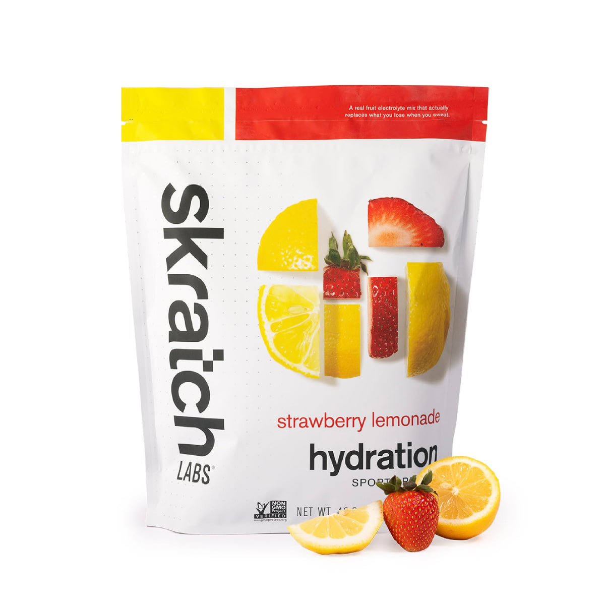 Skratch Labs Hydration Powder Strawberry Lemonade tub close-up for balanced electrolytes during workouts.