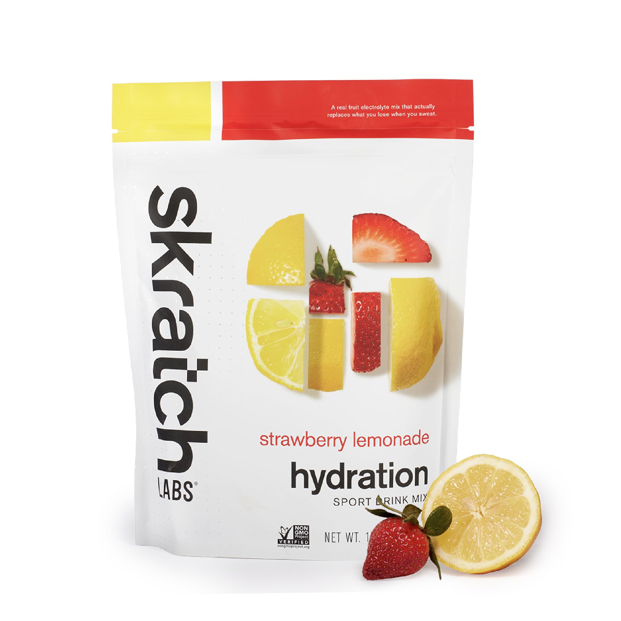 Skratch Labs Hydration Powder strawberry lemonade tub ready for workouts and steady hydration.