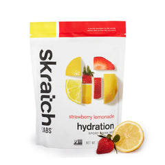 Skratch Labs Hydration Powder strawberry lemonade tub ready for workouts and steady hydration.