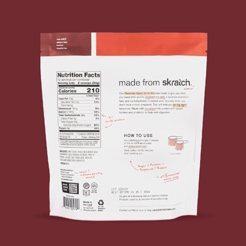 Skratch Labs Recovery post-workout bottle highlighting balanced milk protein and carbs