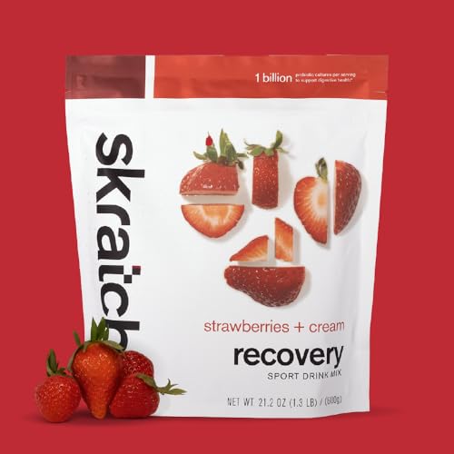 Skratch Labs Recovery strawberries-cream being poured for quick hydration after exercise