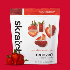 Skratch Labs Recovery strawberries-cream being poured for quick hydration after exercise